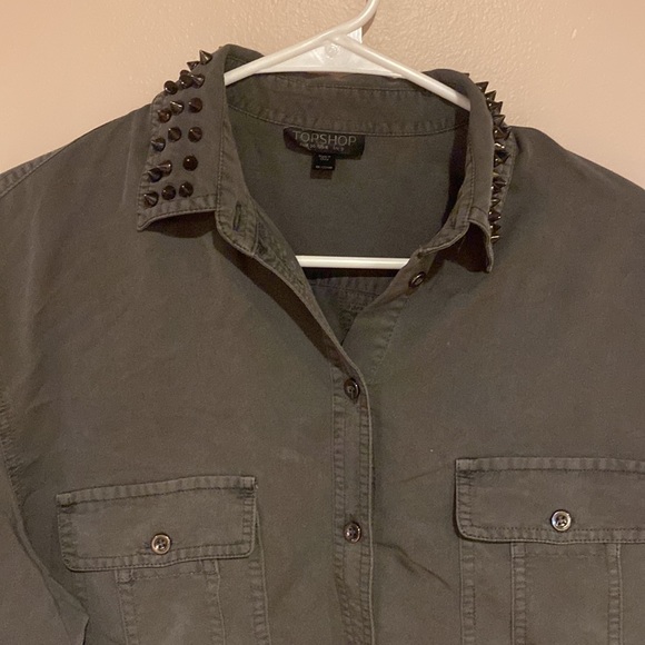TopShop Army Green Moto Studded Collar Top - Picture 2 of 5